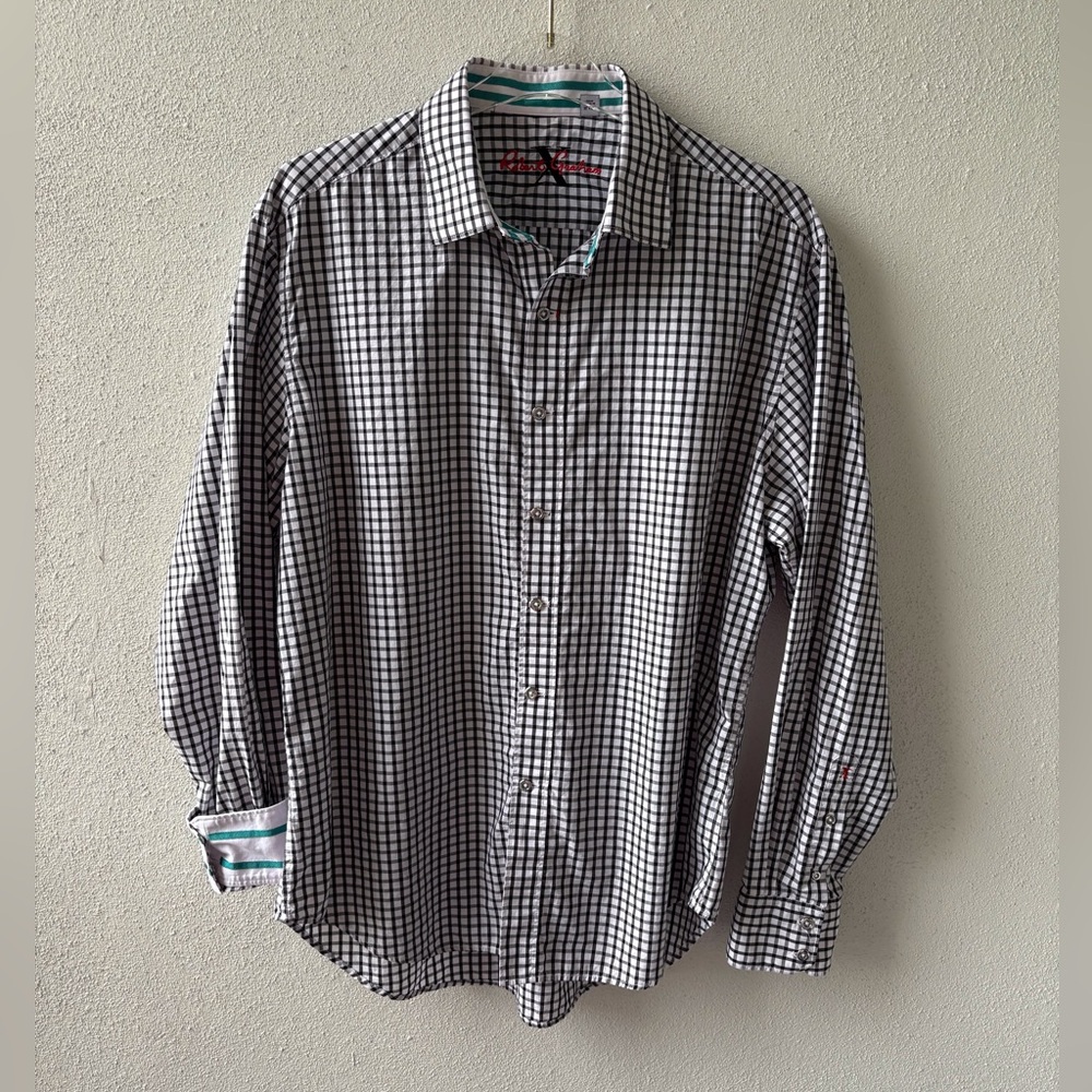 Robert Graham XL Button Down Black White with Teal Contrast Inner Cuff & Collar